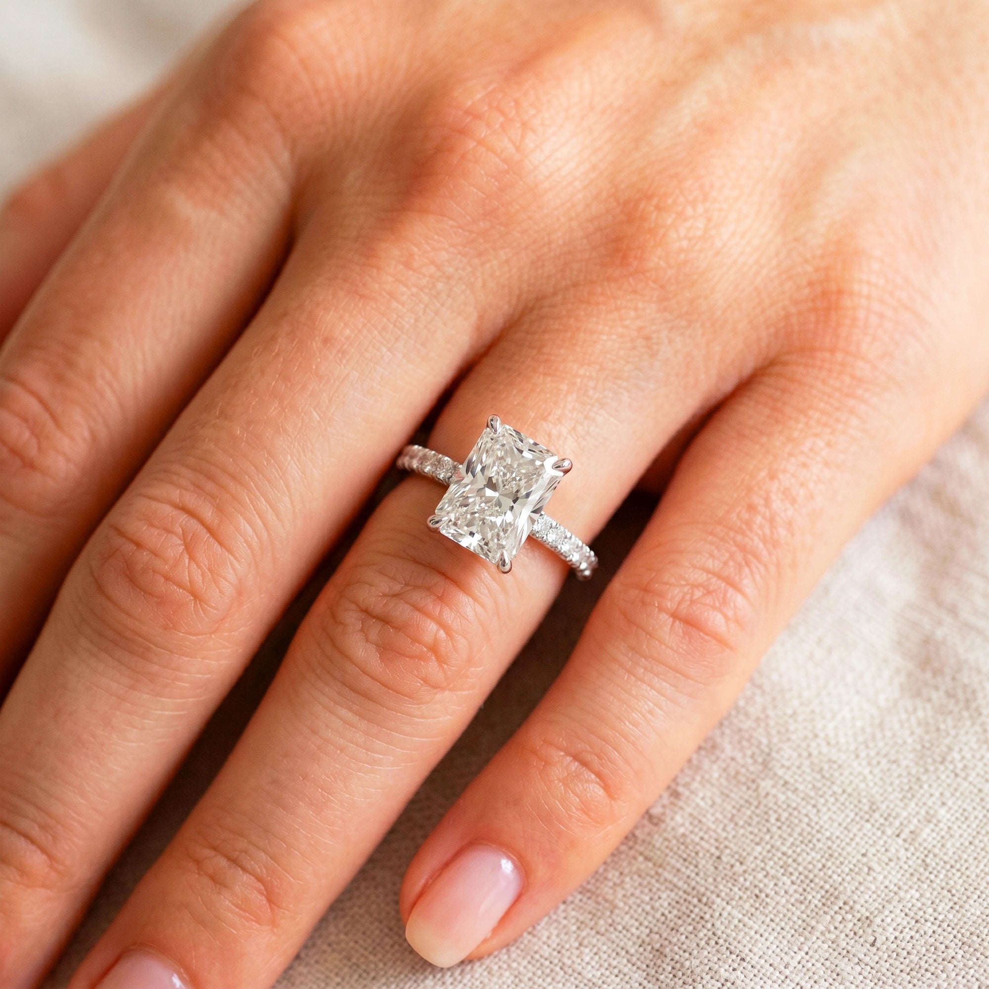 3 Carat Radiant Cut Lab Grown Diamond Engagement Ring Pave Diamond Wedding Ring