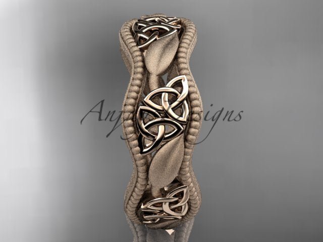 Front view of rose gold ring featuring interwoven Celtic knot details
