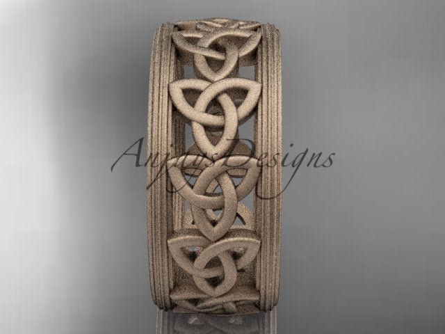Front view of rose gold ring featuring interwoven Celtic knotwork
