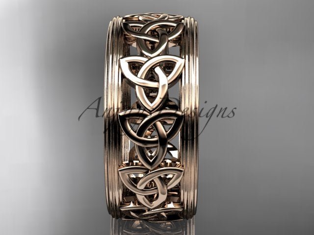 Front view of a rose gold wedding ring featuring interwoven Celtic knot motifs