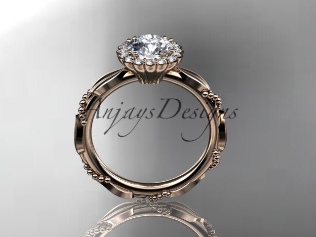 Round lab grown diamond engagement ring with beaded band in 14k rose gold
