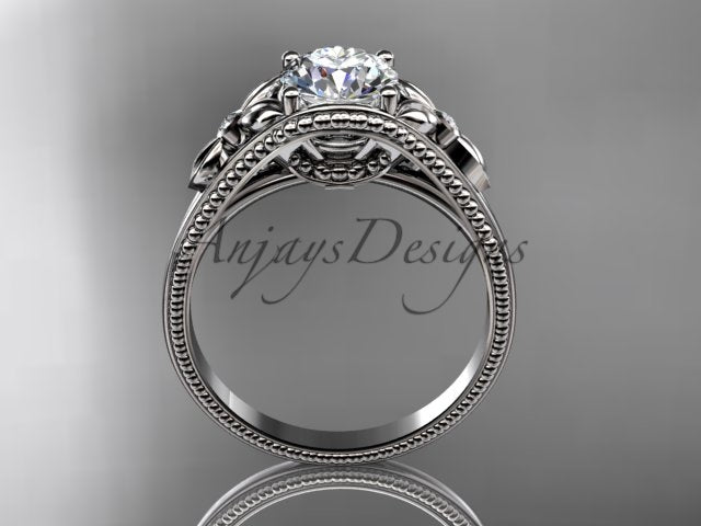 Round lab grown diamond leaf engagement ring in 14k white gold