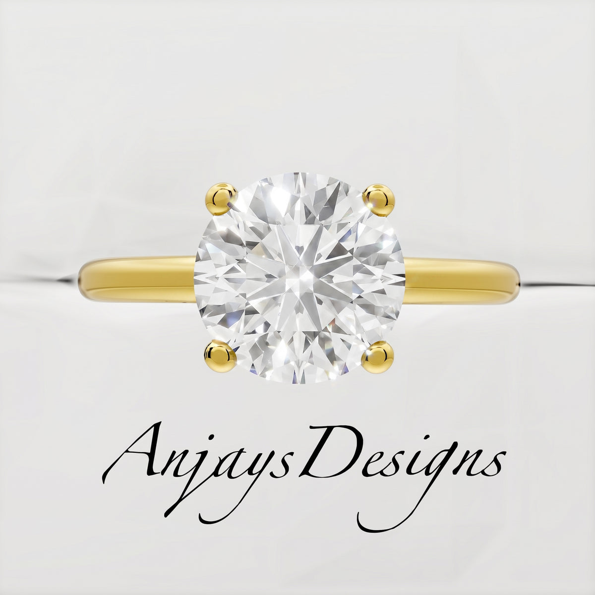 Close up of minimalist 1 carat round cut lab grown diamond solitaire ring in 14k yellow gold