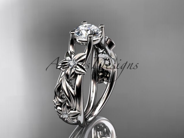 Unique flower engagement ring with 1 carat lab grown diamond in 14k white gold
