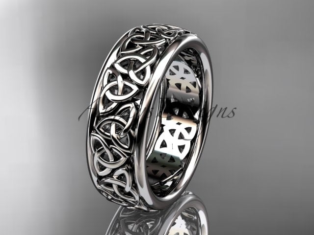 White metal wedding band featuring an intricate continuous interwoven Celtic knot pattern, shown at an angle.