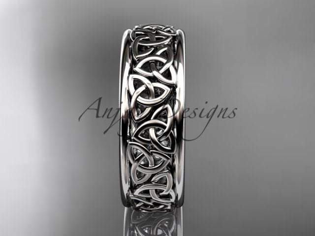 White metal wedding band displaying the full repeating Celtic knot design across the band.
