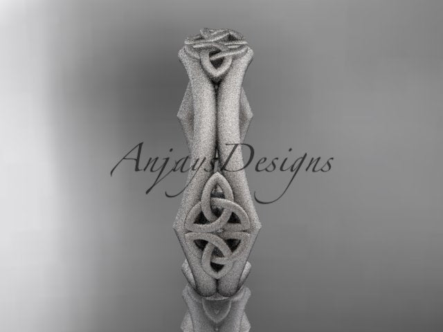 White metal matte Celtic wedding band showing the central interwoven trinity knot design.