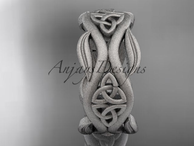 White metal matte Celtic trinity knot wedding band showing the front knot and leaf design.