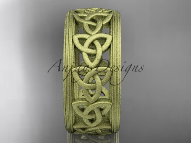 Front view of yellow gold ring featuring interwoven Celtic knotwork
