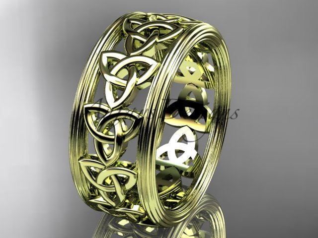 Yellow gold Celtic wedding band with repeating trinity knots and polished parallel borders